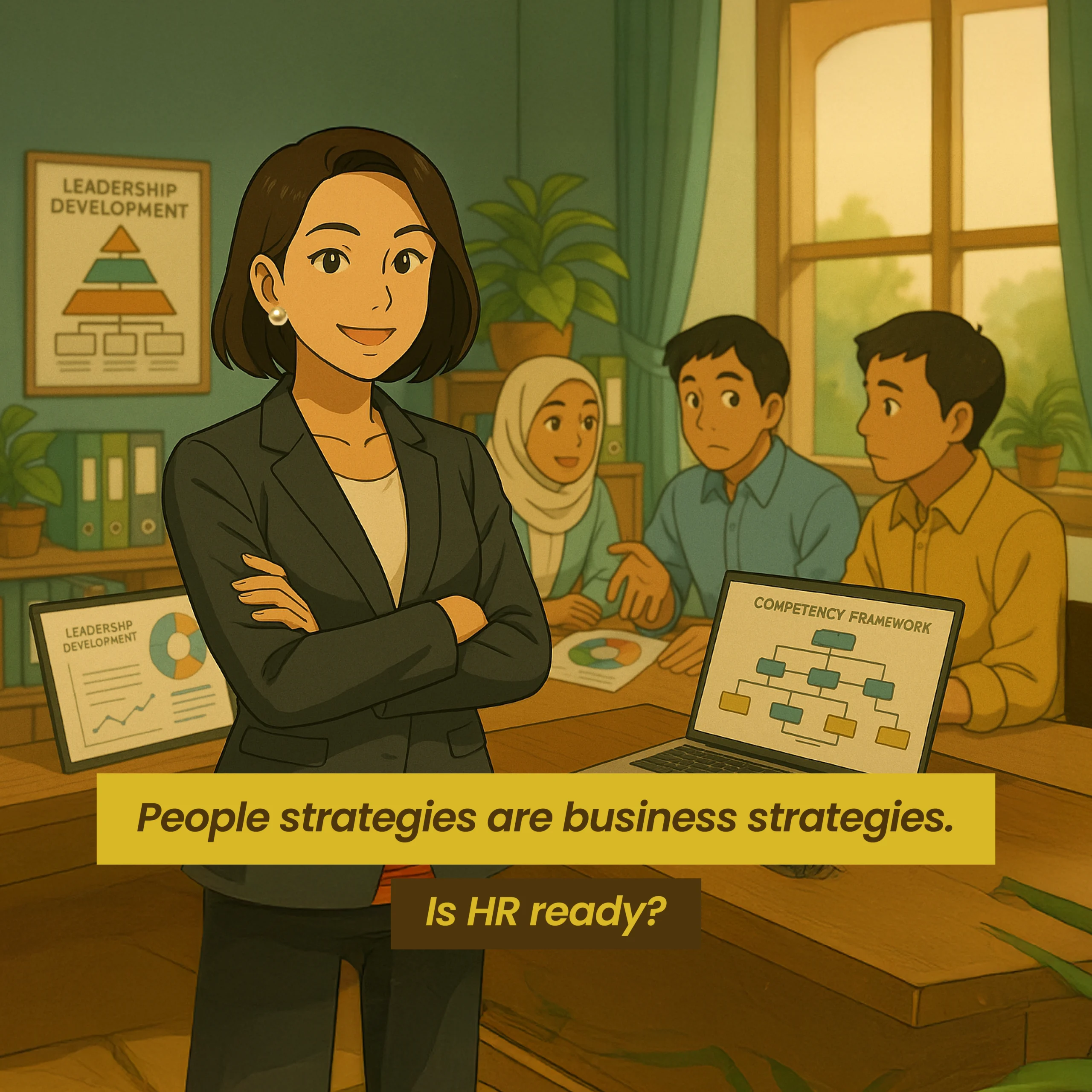 Strategic HRBP leading people and business strategy discussion with team in office