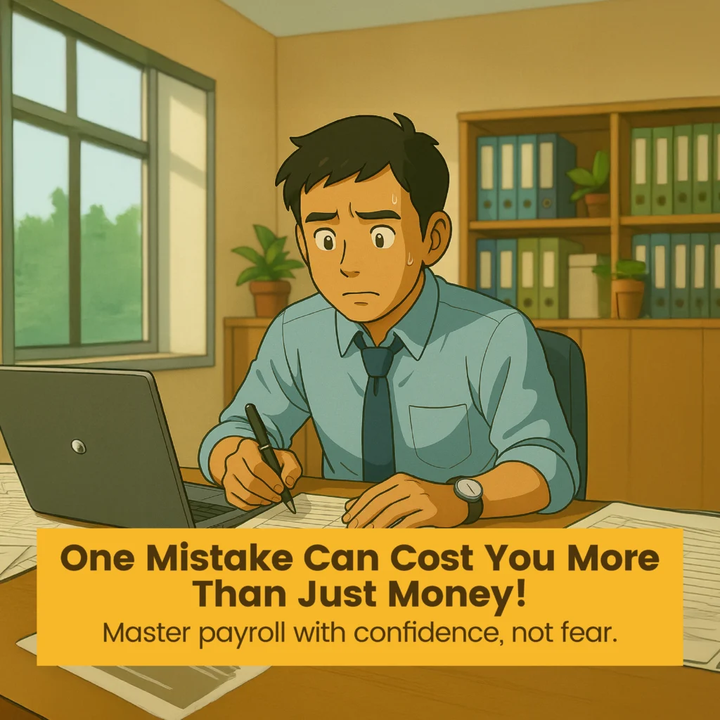 Animated Malaysian male office worker sweating while reviewing payroll documents at his desk, with caption: "One Mistake Can Cost You More Than Just Money. Master payroll with confidence, not fear.