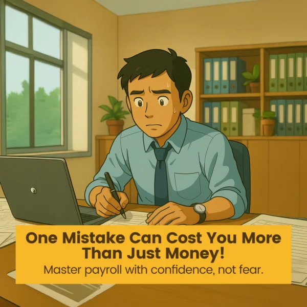 Animated Malaysian male office worker sweating while reviewing payroll documents at his desk, with caption: "One Mistake Can Cost You More Than Just Money. Master payroll with confidence, not fear.