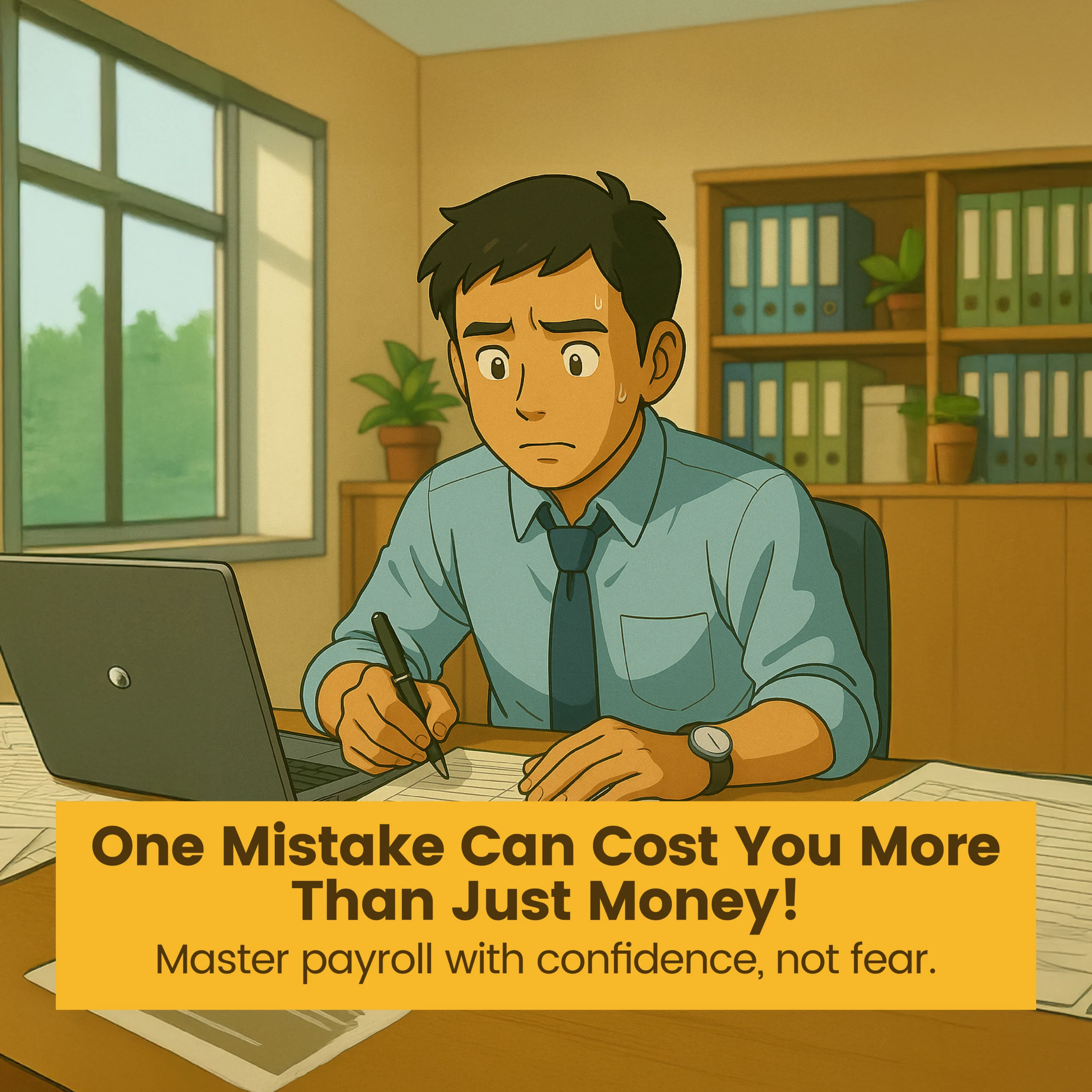 Animated Malaysian male office worker sweating while reviewing payroll documents at his desk, with caption: "One Mistake Can Cost You More Than Just Money. Master payroll with confidence, not fear.