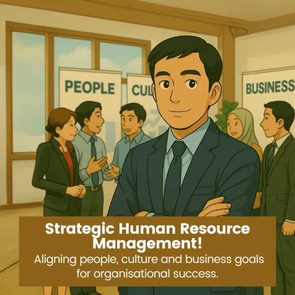 Illustration of a confident business professional in a suit, standing with folded arms in an office setting, with colleagues discussing in the background near banners reading “People,” “Culture,” and “Business.”
