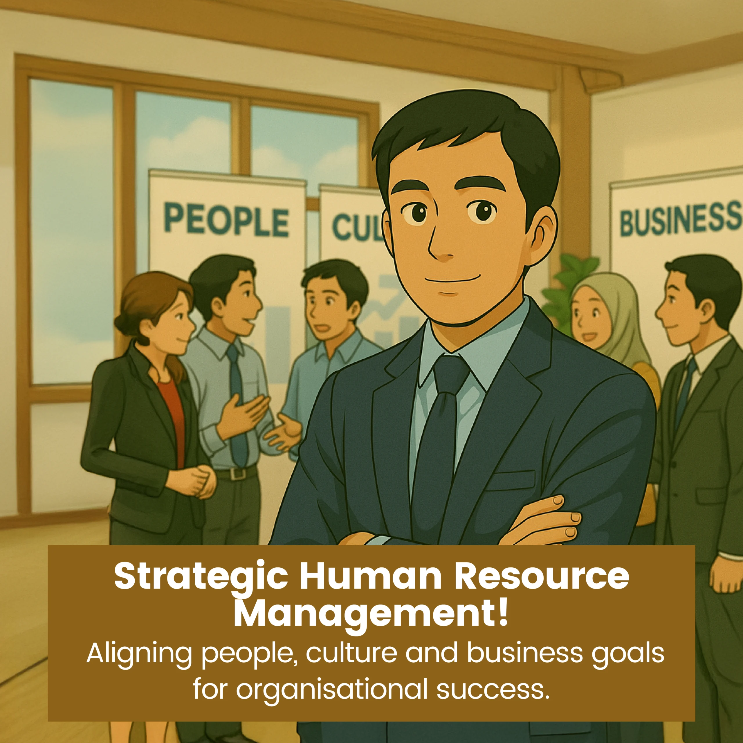 Illustration of a confident business professional in a suit, standing with folded arms in an office setting, with colleagues discussing in the background near banners reading “People,” “Culture,” and “Business.”