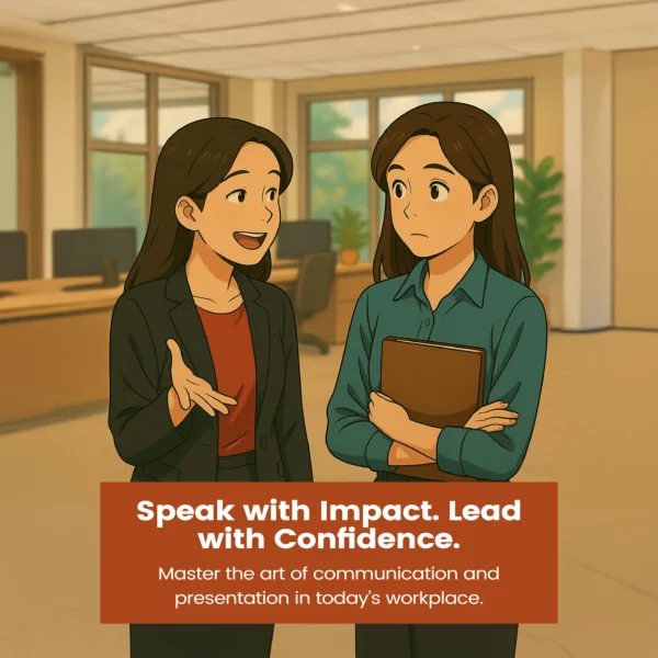 Two professional women in an office, one speaking confidently while the other listens attentively and holds a notebook, representing workplace communication and presentation skills.