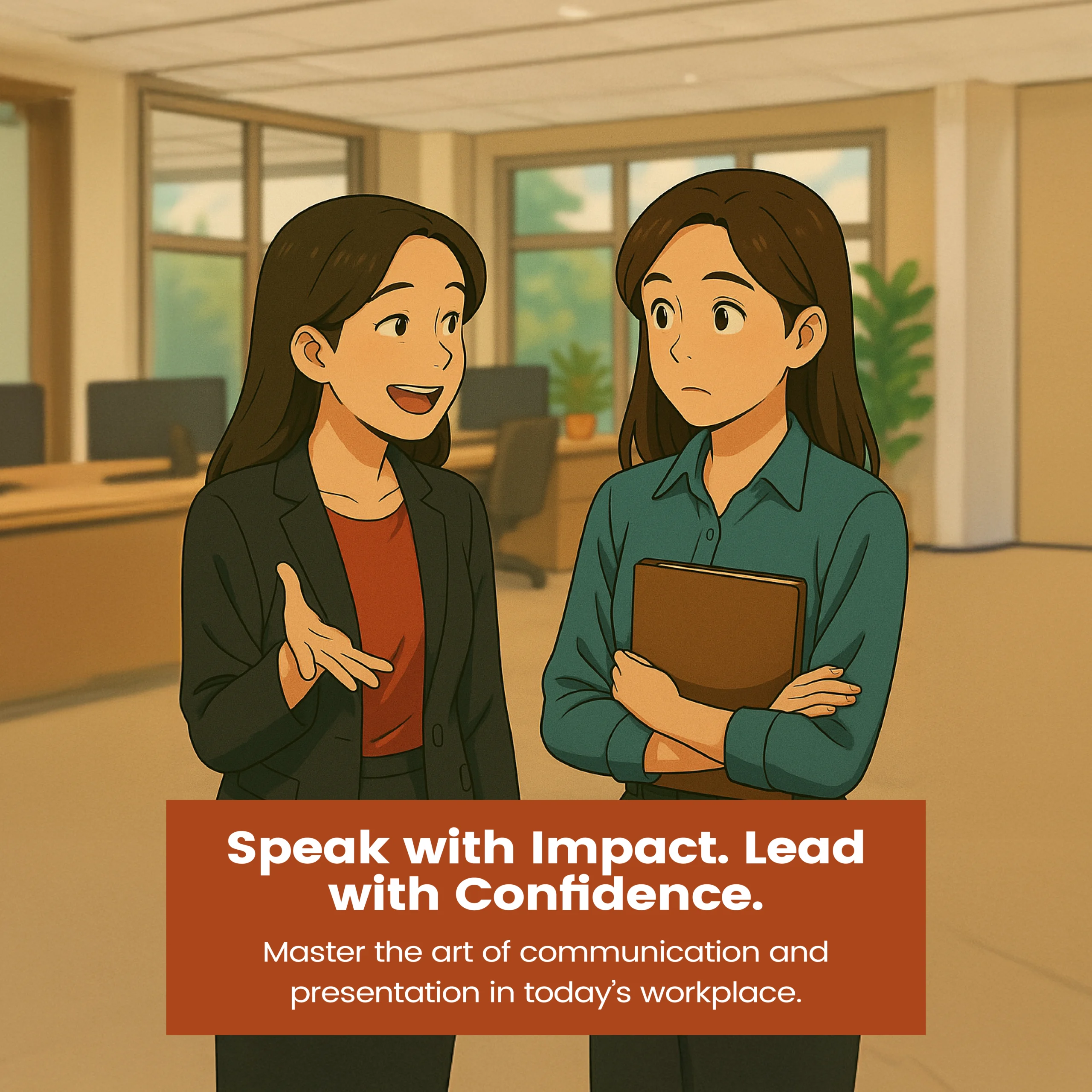 Two professional women in an office, one speaking confidently while the other listens attentively and holds a notebook, representing workplace communication and presentation skills.