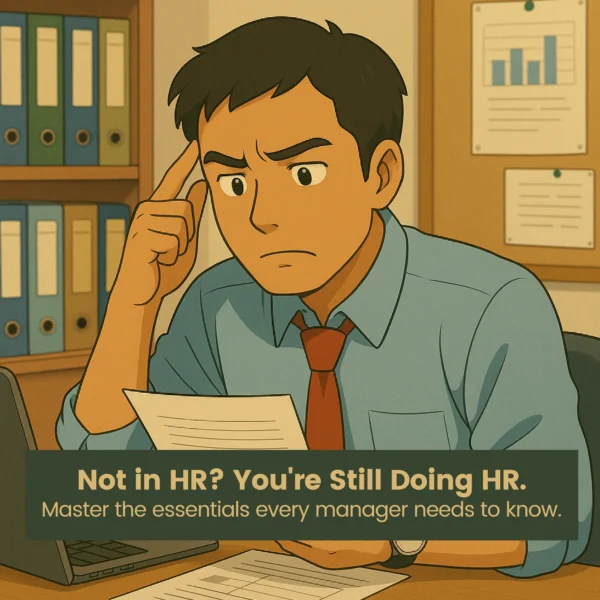 Illustration of a concerned male manager in an office, reviewing documents, with the text “Not in HR? You’re Still Doing HR. Master the essentials every manager needs to know.