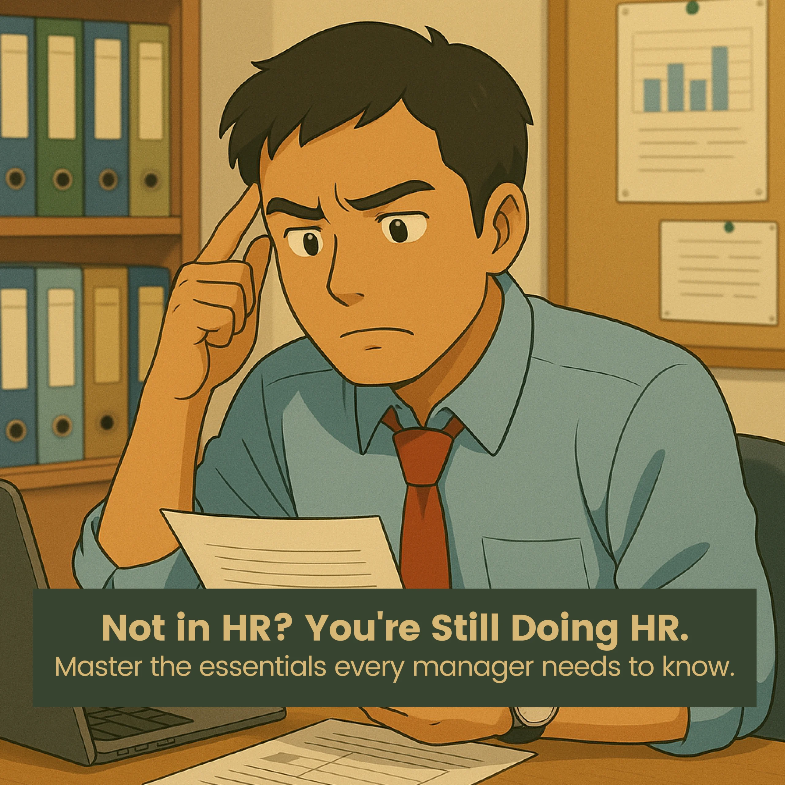 Illustration of a concerned male manager in an office, reviewing documents, with the text “Not in HR? You’re Still Doing HR. Master the essentials every manager needs to know.
