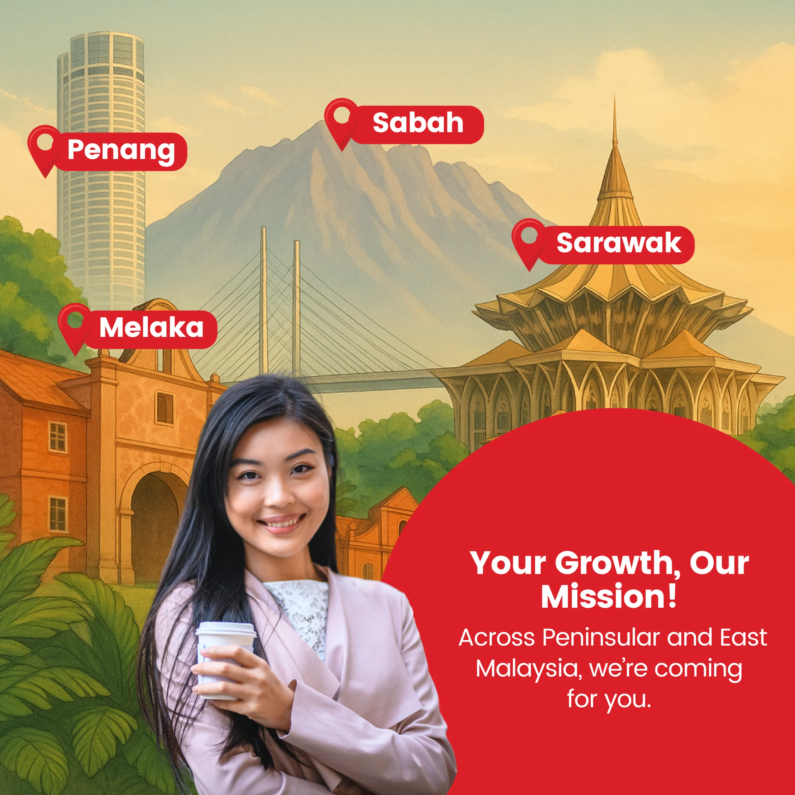 A professional woman holding a coffee cup in front of illustrated landmarks representing Penang, Melaka, Sabah, and Sarawak, with the message “Your Growth, Our Mission! Across Peninsular and East Malaysia, we’re coming for you.