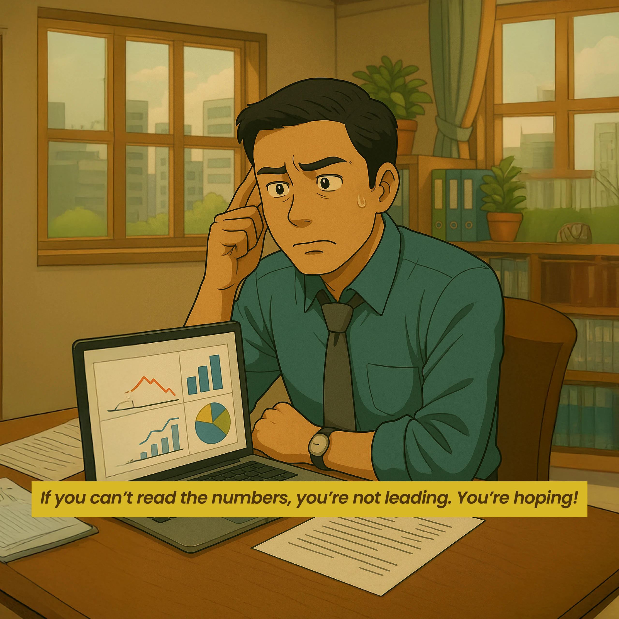 Manager looking confused while reviewing financial charts on a laptop, highlighting the importance of finance skills for non-finance professionals