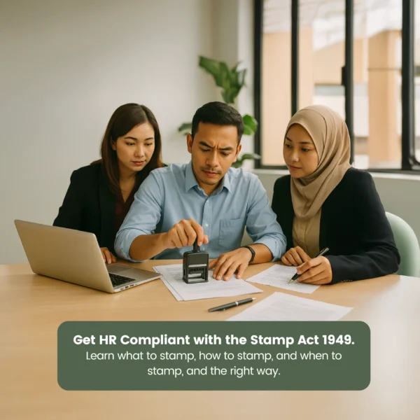Three HR professionals reviewing documents and applying an official stamp, symbolizing compliance with the Stamp Act 1949 in Malaysia.